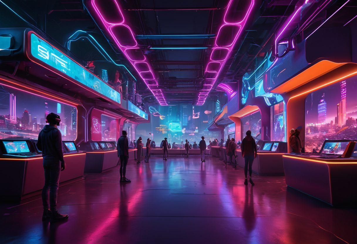 A futuristic landscape showcasing a vibrant digital playground filled with diverse adult avatars engaged in gaming activities. Neon lights illuminate the scene, with virtual reality headsets and interactive screens. Elements of evolution, such as classic gaming consoles morphing into advanced VR systems, are integrated throughout the playground. Ethereal graphics and dynamic movement suggest a lively atmosphere. cyberpunk. vibrant colors. 3D.
