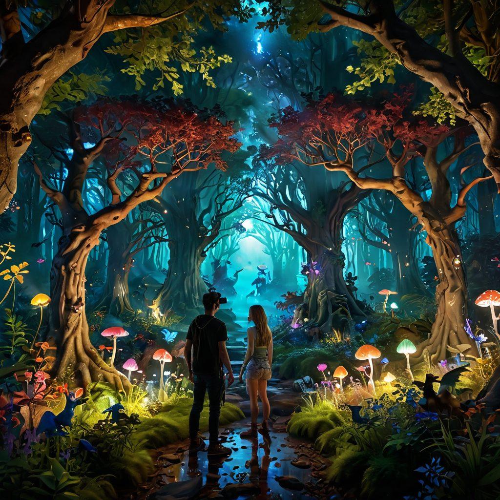 A captivating scene that juxtaposes a fantasy realm with a modern adult experience: on one side, a whimsical, enchanted forest filled with colorful mythical creatures and glowing elements; on the other side, a sleek, interactive virtual reality setup with immersive technology. Blend the two worlds seamlessly, featuring a user joyfully engaging with the VR experience surrounded by a gentle glow of fantasy elements. The overall image should evoke curiosity and excitement about merging fantasy and reality. super-realistic. vibrant colors. soft lighting.