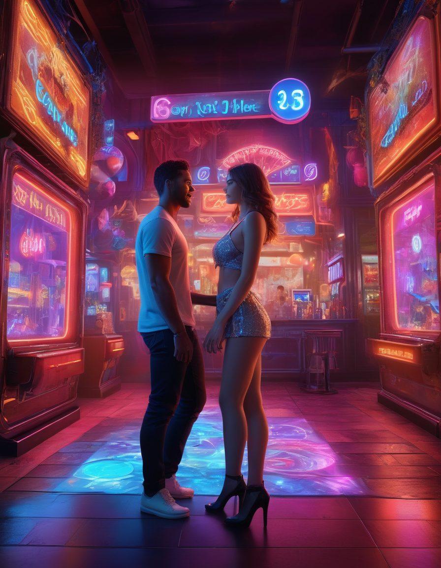 A vibrant scene depicting a couple joyfully engaging with an immersive interactive adult game, surrounded by an array of fantastical elements like glowing neon signs and vivid fantasy backgrounds. The game interface shows colorful icons and playful animations, creating a sense of excitement and exploration. Include soft lighting that enhances the intimate atmosphere while maintaining an air of fantasy. super-realistic. vibrant colors. 3D.